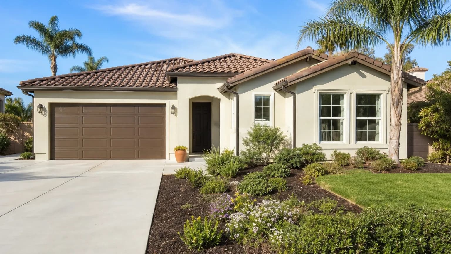 Clean single story stucco home with a tile roof, bright concrete driveway, clear windows and tidy planter beds under a blue sky with palm trees behind