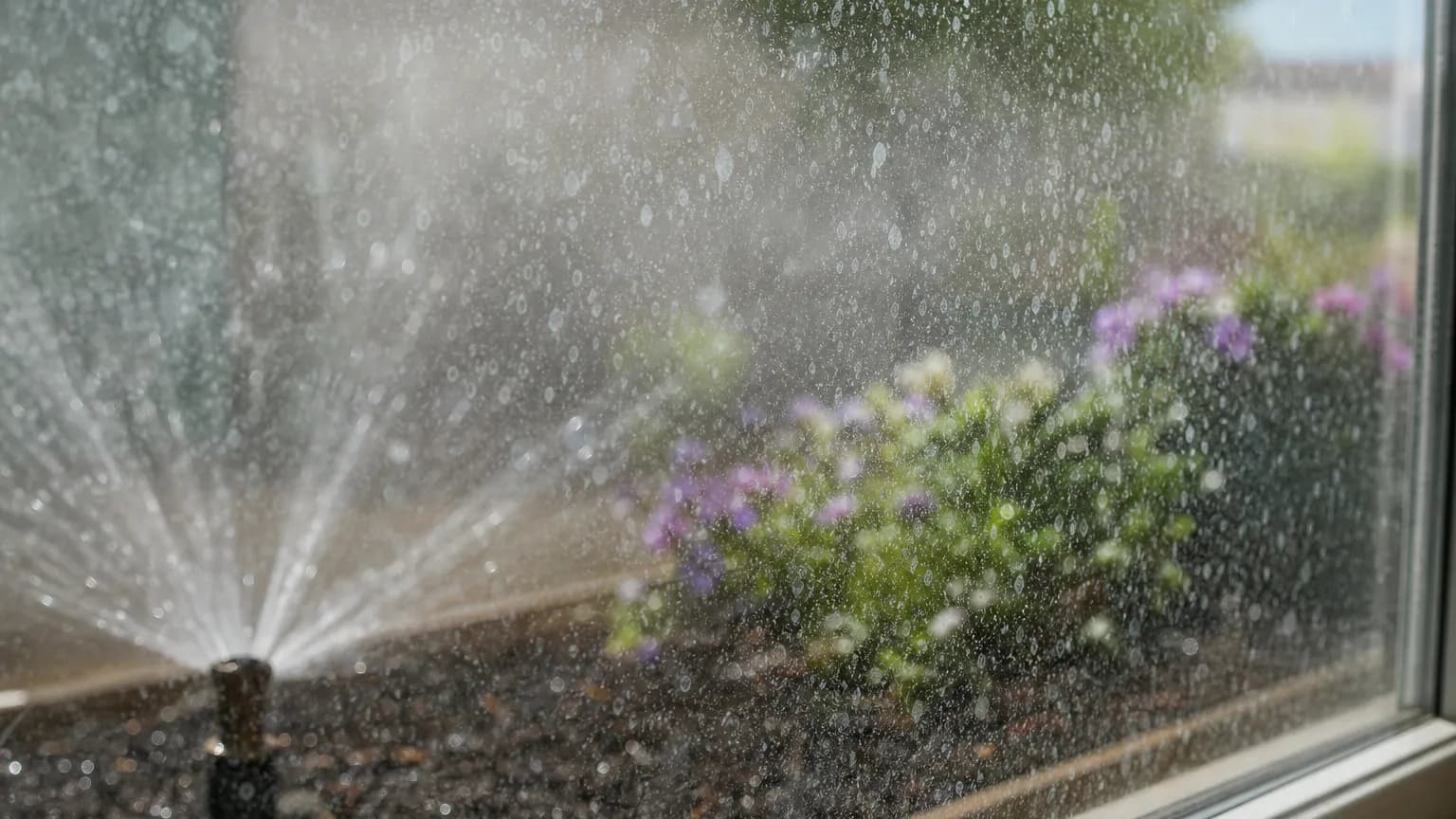Close view of a residential window pane covered in white mineral spots, with a garden sprinkler spraying a planter bed just below the glass