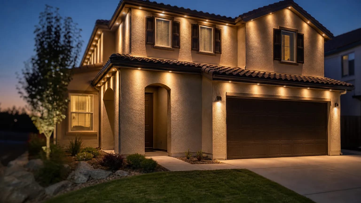 Two story stucco home at dusk with small warm white LED lights evenly spaced along the roofline and eaves, casting soft pools of light down the walls