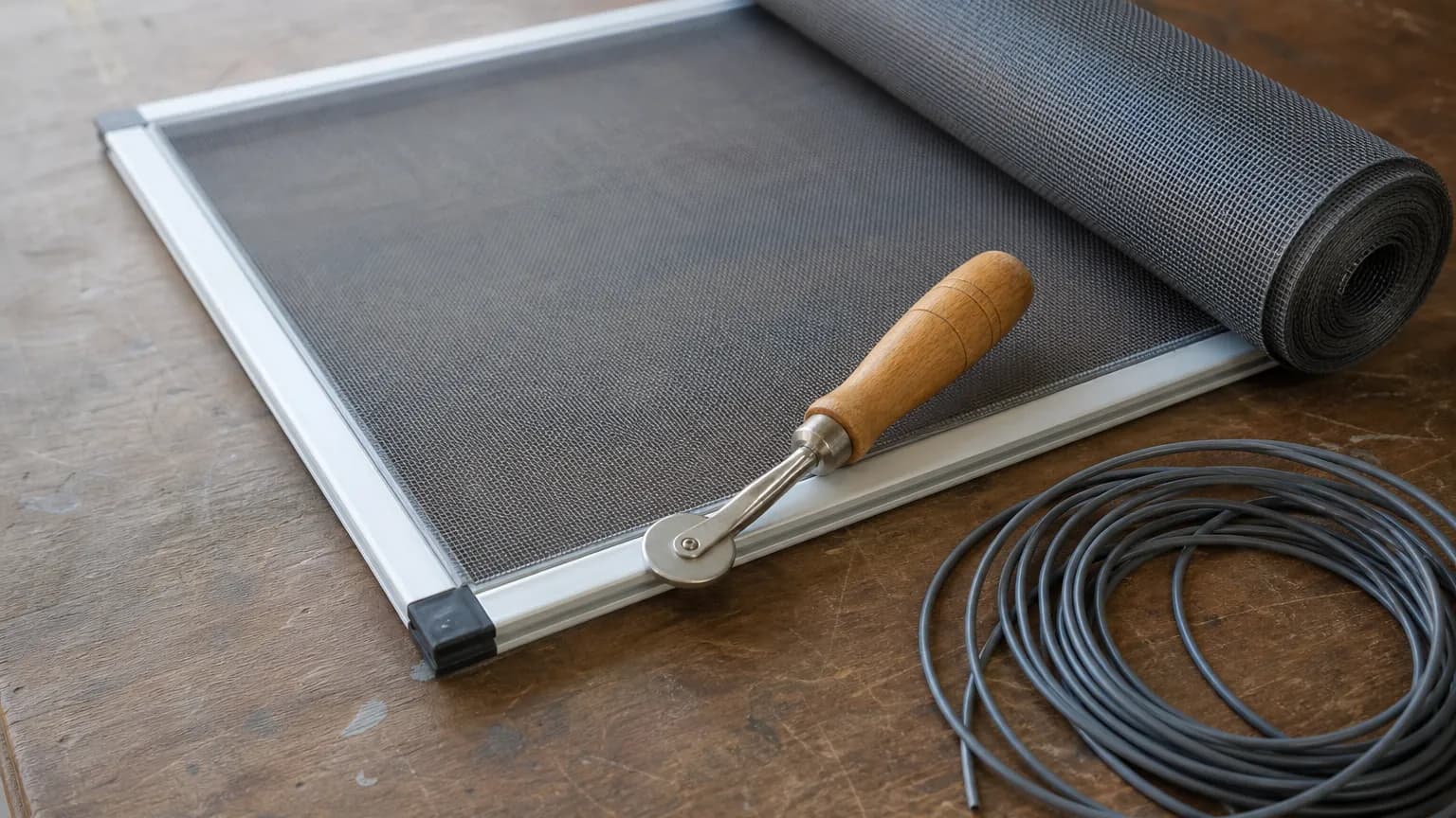 Window screen frame lying on a workbench with a roll of gray mesh, a spline roller tool and a coil of rubber spline beside it