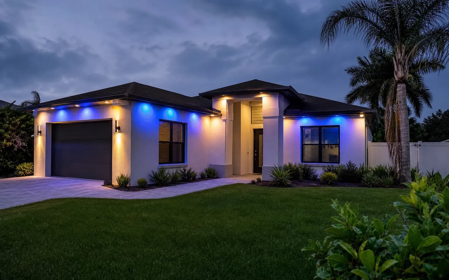 Single-story stucco home with a tile roof at dusk, its roofline traced by a row of warm white permanent LED lights
