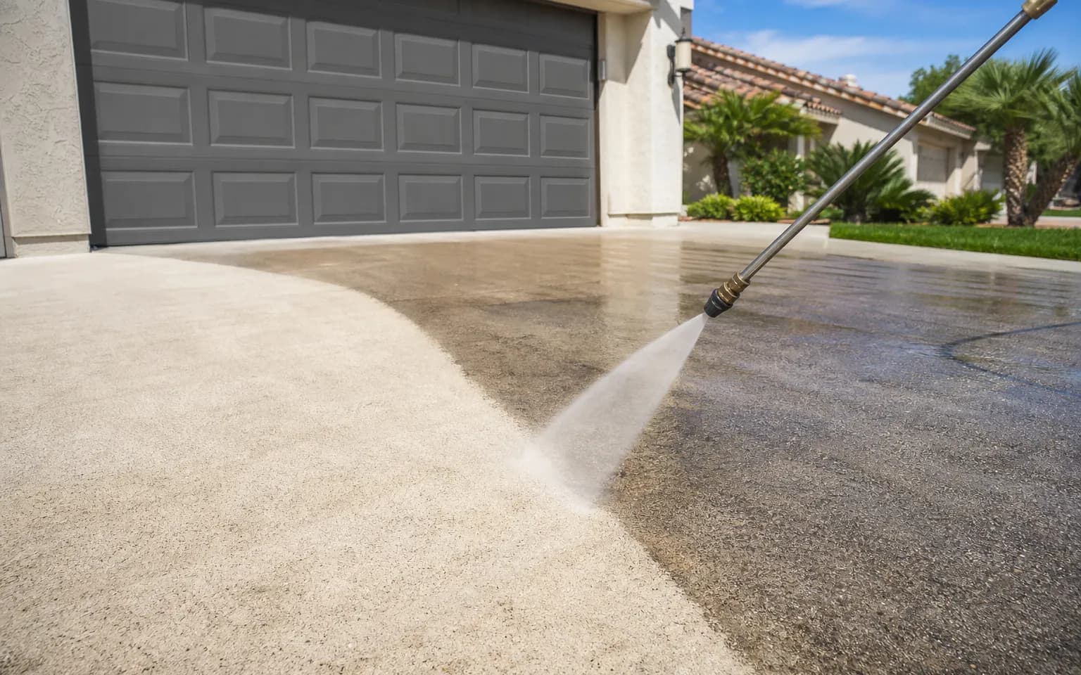 Pressure washing wand cleaning a concrete driveway in front of a stucco home, with a clean strip showing next to the dirty concrete
